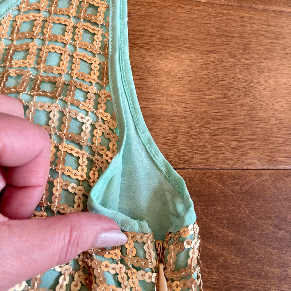 Anthropologie | Tabitha Golden Pane Shift Sequin Grid Overlay Mint Green Sz 6 - Picture 13 of 16
